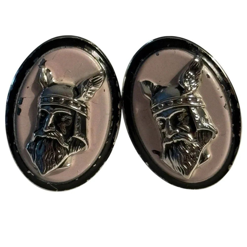 Swank Knight Pink Enamel Cufflinks Oval Silver Tone Soldier Warrior Vintage READ